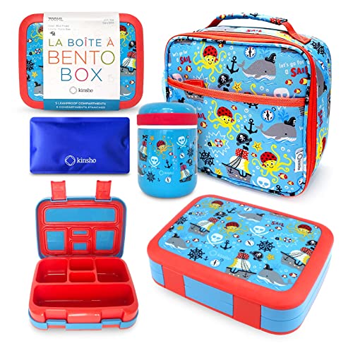 Bento Box with Thermo and Insulated Lunch Bag Set for Kids Boys Toddlers, 5 Compartment Lunch-box with Ice Pack and Utensil, For Hot and Cold Food, Soup, Blue Pirates - color: Blue Pirate Set
