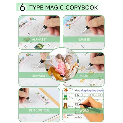 Monking Large Magic Practice Copybook for Kids,Handwriting Grooved Practice Book 6 Pack with Pen Refill English Cursive Calligraphy Reusable Age 3-8 - style: 6 Pack gift set