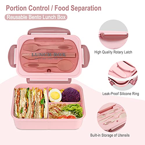 Bento Box for Adult, 1200 ML Lunch Containers for Adults, LeakProof Lunch Box with Utensils, BPA Free, 3 Compartment Bento Box Microwave Safe, Pink - color: Pink