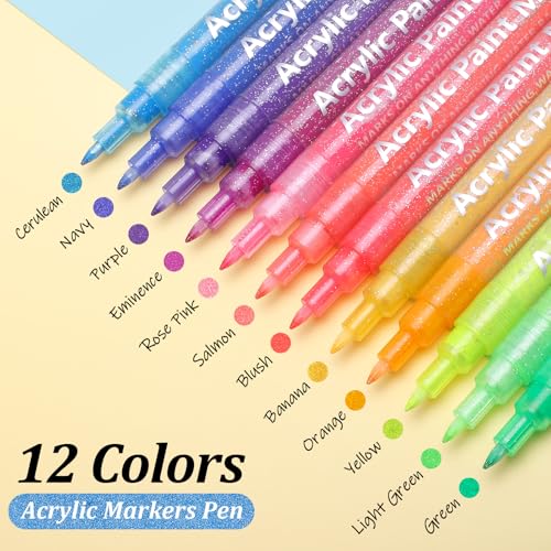 MaxGear Acrylic Paint Pens Glitter Markers Pen Set 12 Pack & Dry Erase Markers Ultra Fine Tip with Eraser 8 Pack