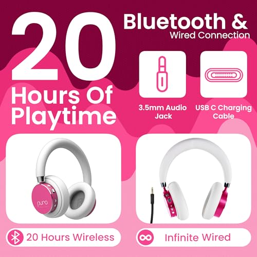 Puro Sound Labs Kids Wireless Headphones – Volume-Limiting 85dB, Built-In Mic, Studio-Grade Sound, 20-Hour Battery Life, Comfortable Fit & Easy to Connect Kids Bluetooth Headphones – BT2200 Plus, Pink - color: Pink