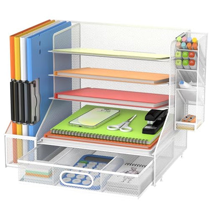 5-Tier Desk Organizer with File Holder & Pen Holder & Sliding Drawer, White | Mesh Metal Paper Letter Tray for Papers, Mail, Office Supplies, and Desk Accessories - color: White