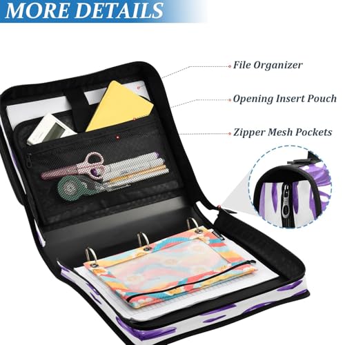 Caikeny 3 Ring Zipper Binder Purple Bows Kawaii Hearts 1.5 inch Binders Bag Coquette Expanding File Pockets with Shoulder Strap and Handle - color: Multicolored 1z83.4