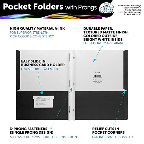 FILE-EZ Two-Pocket Folders with 3-Prong Fasteners, Black Color, 25-Pack, Durable Textured Paper, Matte Finish, Letter Sheet Size (EZ-92505) - color: Black
