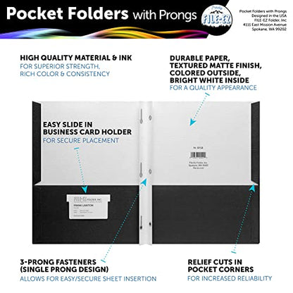 FILE-EZ Two-Pocket Folders with 3-Prong Fasteners, Black Color, 25-Pack, Durable Textured Paper, Matte Finish, Letter Sheet Size (EZ-92505) - color: Black