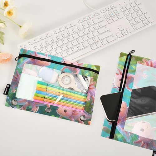 Cute Axolotl Pencil Pouches for 3 Ring Binder, Zipper Binder Pencil Case, 2 Pack Clear Window Case Bag for Office Organizers - color: Cute Axolotl