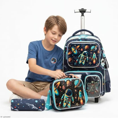 Meetbelify Kids Rolling Backpack with Wheels for Boys Rolling Backpacks with Lunch Box for Elementary School Students 3 in 1 Travel Luggage Suitcase for Boys Age 8-10 - color: Space 01