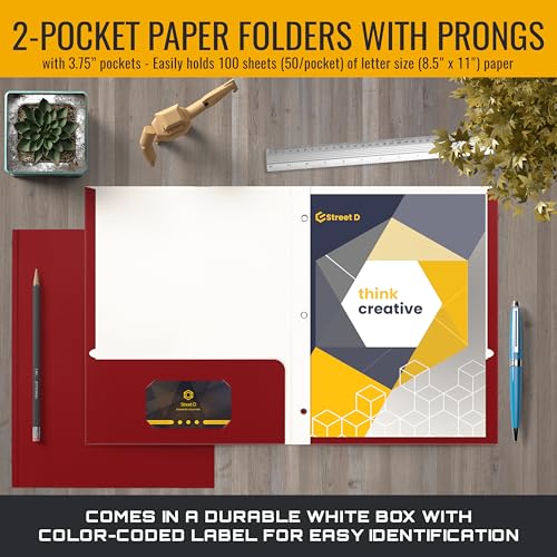 Better Office Products Plastic Folders, 50 Pack Red Paper Folders with Pockets & Folders with Prongs, Matte Texture, Letter Size, 3 Metal Prong Fastener Clips, Durable for Office, School, Filing - color: Red