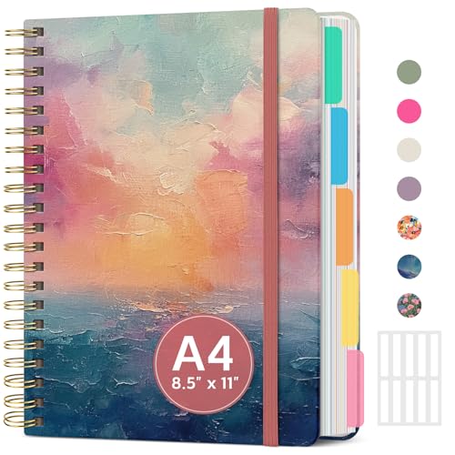 Large Spiral Lined Notebooks for Work with Removable Dividers & Tabs, 8.5"x11" Pretty Hardcover 5 Subject Notebook Journal for Women, College Ruled, Perfect for Study & Office Organization, 280 Pages,Sunset - color: K - Sunset