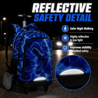 3Pcs Large Rolling Backpack for Boys, 20 Inch Detachable Light Up Wheeled Bookbag with Lunch Box, Durable Lightning Dinosaur Roller Backpack for Elementary Middle School (Blue) - color: Large Wheels Dinosaur Blue