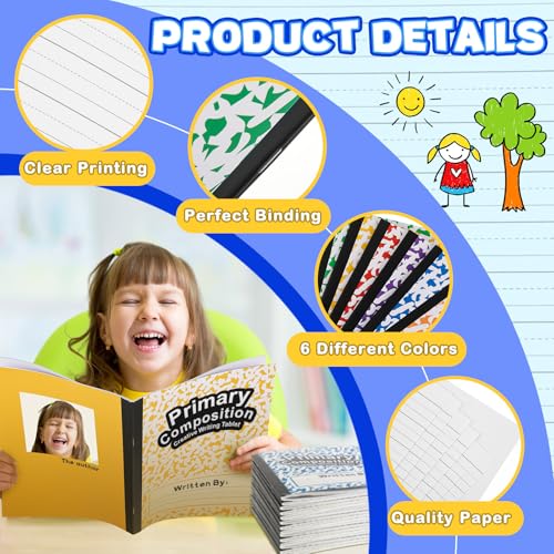 Henoyso 6 Pack Primary Composition Notebook for Kids, K-2 Journal with Half Blank Half Lined Pages, Draw and Write Journal for Kindergarten, 1st & 2nd Grade, Rainbow Color Covers - color: Rainbow