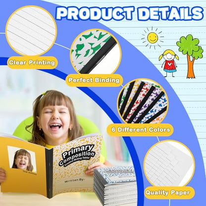 Henoyso 6 Pack Primary Composition Notebook for Kids, K-2 Journal with Half Blank Half Lined Pages, Draw and Write Journal for Kindergarten, 1st & 2nd Grade, Rainbow Color Covers - color: Rainbow