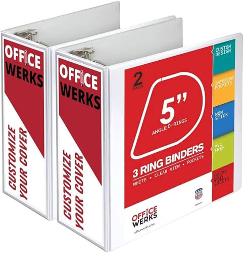 5 Inch 3 Ring Binder 2 Pack, Heavy Duty Locking D-Ring, Holds 950+ Sheets, PVC-Free, Assembled in USA, 8.5 x 11, Clear View Cover with Pockets, Customizable, Professional, White - Ring Binder Depot | Locking D-Ring, PVC-Free, Assembled in USA, 8.5 x 11, C