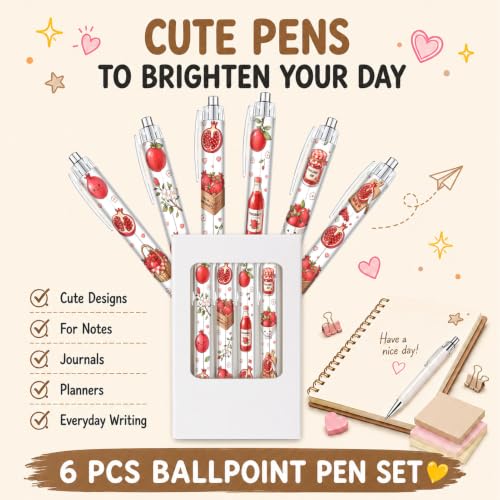 6 Pack Pomegranate Inspirational Pens, Cute Kawaii Fruit Ballpoint Pen Set for Girls Kids Teens, Aesthetic School Supplies with Sweet Pomegranate Designs, Teacher Gifts, Classroom Rewards