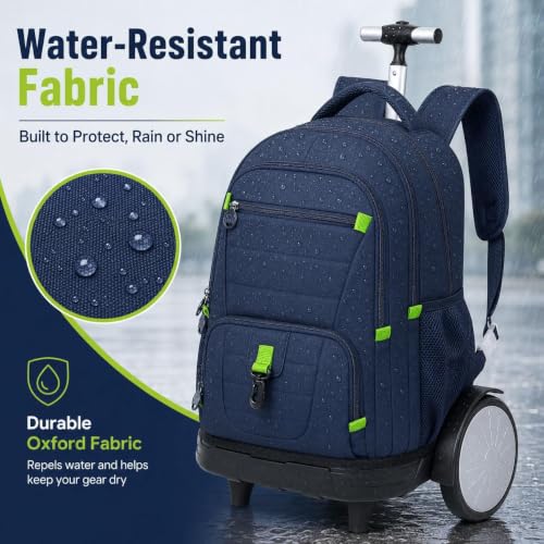 CCJPX 3Pcs Men & Boys Rolling Backpack with Bigger Wheels, Extra-Large Wheeled Bookbag with Lunch Box, Water Resistant Roller Luggage for Travel, Work, College (Blue) - color: Blue(upgrade Large Wheel)