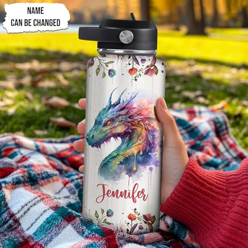 Hyturtle Personalized Dragon Water Bottle - Travel Insulated Stainless Steel Bottle with Leak-Proof Lid 18oz 32oz - Fantasy Gift for Women Girls Dragon Lovers - Birthday & Christmas Gift - color: Dragon