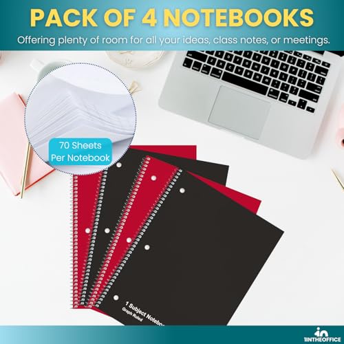 1InTheOffice Graph Paper Notebook, Spiral Notebook, Quad Ruled Graph Paper, 8 x 10.5 Inch, 5 Squares per Inch, 70 Sheets, 4 Pack