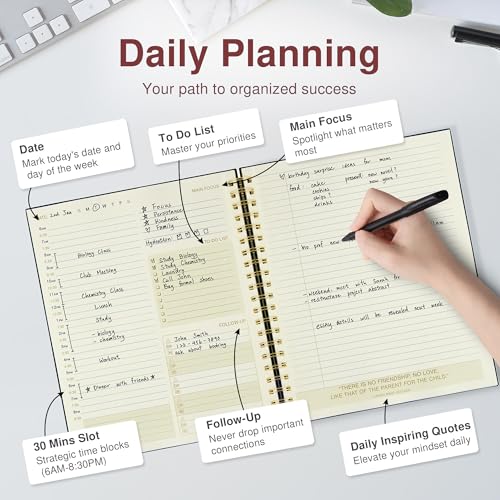AuroPlanner Undated Daily Planner Notebook 8.5x11 Hourly Schedule Red | office & student planning, 180 pages 100 GSM cream white paper hardcover spiral bound notebook, 2026-2028 reference calendar - color: Red