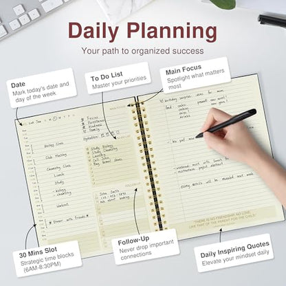 AuroPlanner Undated Daily Planner Notebook 8.5x11 Hourly Schedule Red | office & student planning, 180 pages 100 GSM cream white paper hardcover spiral bound notebook, 2026-2028 reference calendar - color: Red