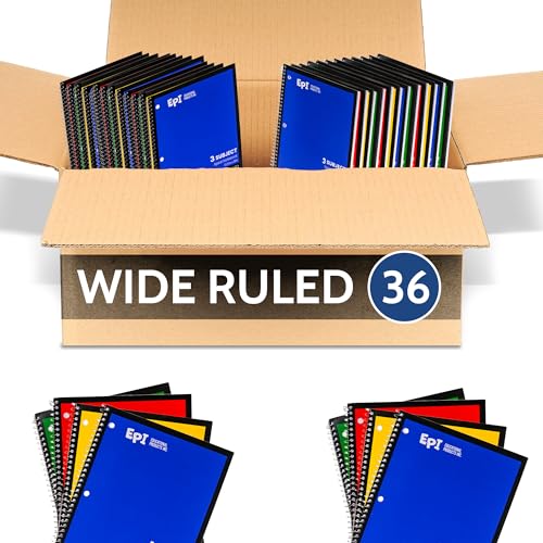 EPI Spiral Notebook | 3 Subject - Wide Ruled - 120 Sheets, Durable Spiral Binding | 10.5 x 8 in | Classroom Supplies | School, Office, Note Taking, Journaling - 36 Pack - size: Pack of 36, style: 3 Subject - Wide Ruled