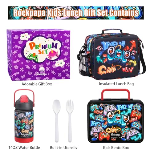 rockpapa Kids Lunch Box Set with 14oz Insulated Water Bottle & Lunch Bag, Leakproof 5.5 Cups Bento Box for School & Children, BPA-Free, Microwave Safe for Boys Girls (Black Games) - color: Black Games