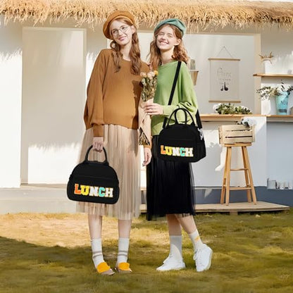 Lunch Bag for Girls and Women, Cute Preppy Lunch Bag with Chenille Letters, Insulated Large Capacity Lunch Tote with Detachable Strap for School, Work & Picnic, Black - color: Black