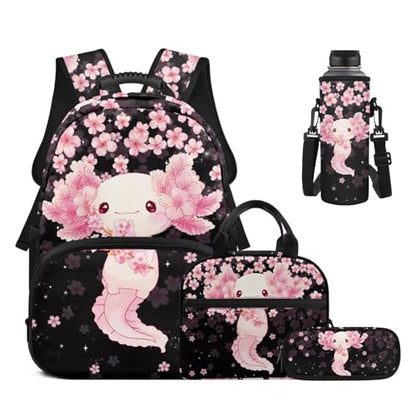 17 Inch Kid's 4PCS Backpack Set, Back to School Essentials | Insulated lunch box, water bottle pouch, pencil case, lightweight, padded shoulder straps, for elementary, middle school - color: Pink Axolotl-3