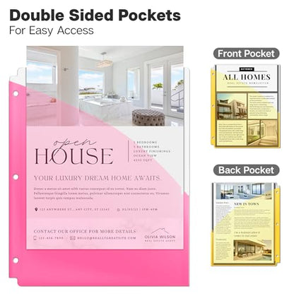 Dunwell Plastic Binder Pocket 3 Hole Punched (3 Sets, 15 Count) Slash File Jackets for 8.5x11 Paper, Project Sleeves for 3 Ring Binder, No Tab, 5 Color Dividers with Front & Back Pockets