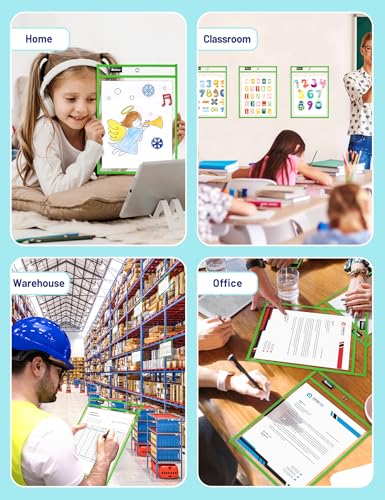 SUNEE 6 Packs Oversized Reusable Dry Erase Pocket Sleeves with Ring, Green 10x14 Ticket Holders, Clear Plastic Sheet Protectors, Teacher School Classroom Supplies - color: Green, style: 6 Pack