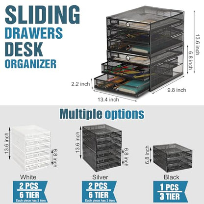Zhanmai 1 Pack Black Desk Organizer with Drawer Total Wire Mesh Storage Tray Multifunctional Paper Sorter File Stand for Home Office Supplies Letter A4 Paper Office Accessories Back to School (3 Tier)