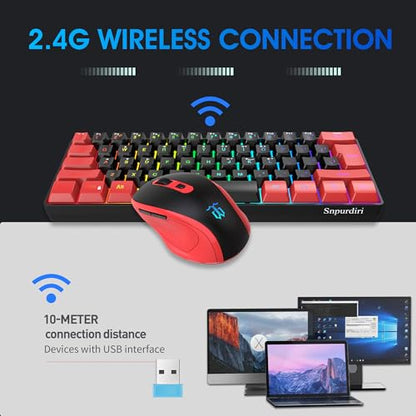Snpurdiri 2.4G Wireless Gaming Keyboard and Mouse Combo, Include Mini 60% Merchanical Feel Keyboard, Ergonomic Vertical Feel Small Wireless Mouse(Red and Black) - color: Red Black Combo