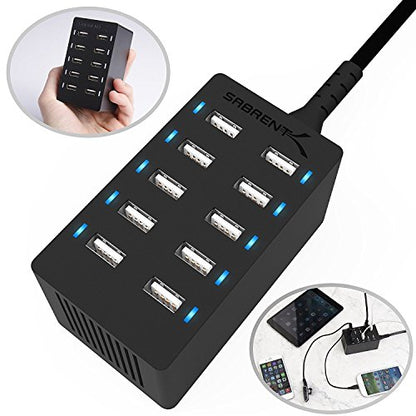 Sabrent 60 Watt (12 Amp) 10-Port [UL Certified] Family-Sized Desktop USB Rapid Charger. Smart USB Ports with Auto Detect Technology [Black] (AX-TPCS) - size: 10-Port