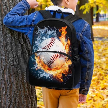 Horeset Baseball Flame Water Backpack for School Boys 3 Pack Casual Bookbags & Water Bottle Sling Bag & Picnic Lunch Bag Primary Middle School Rucksack with Breathable Padded Shoulder Straps - color: Baseball Flame Water