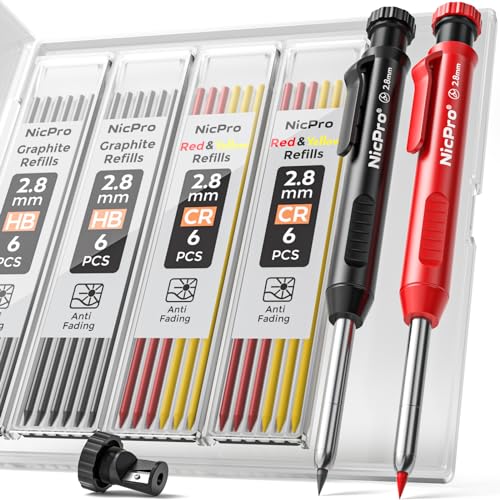 Nicpro Carpenter Pencil with Sharpener, Mechanical Pencils Set with 26 Refills, Deep Hole Marker for Construction, Heavy Duty Woodworking Tools for Architect (Black, Red) - With Case - color: Black,Red, size: 2 Pack