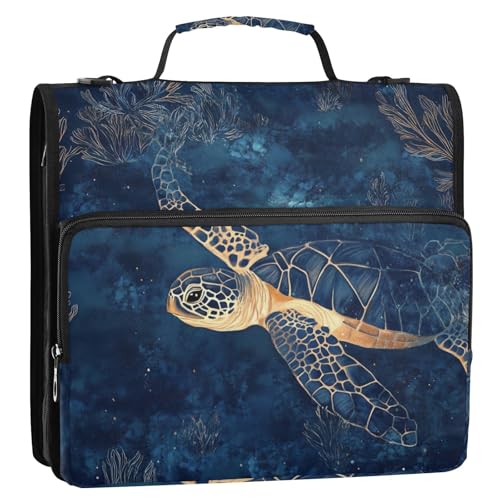Deep Blue Sea Turtle 01 Zipper Binder 3 Ring 1.5 Inch School Binder Organizer with Shoulder Strap Handle File Folder Pockets Large Capacity Students Girl Boy Men Office Work - color: Deep Blue Sea Turtle 01