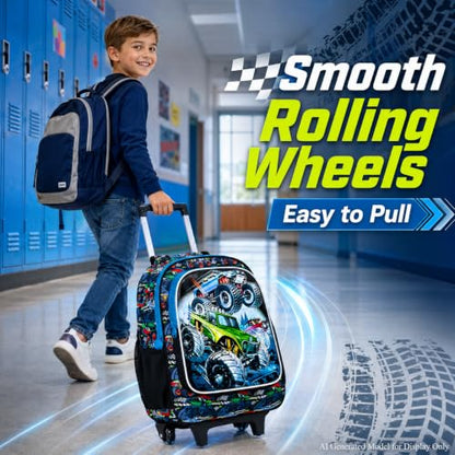 CCJPX 3PCS Truck Rolling Backpack for Boys, Kids Roller Wheels School Bookbag Set, Cars Travel Wheeled School Bag for Toddler Elementary Children-Blue - color: Green Truck