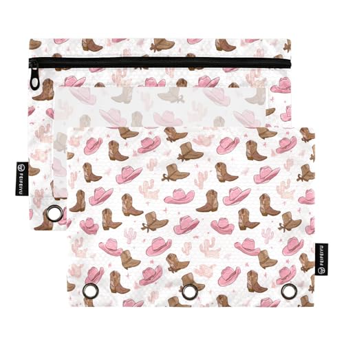 Pink Cowgirl Hats Binder Pencil Pouches, Pencil Case with Clear Window 3 Rings Pen Case Holder School Office Supplies Cosmetic Makeup Bag 2 Pack - color: Multicolored-1