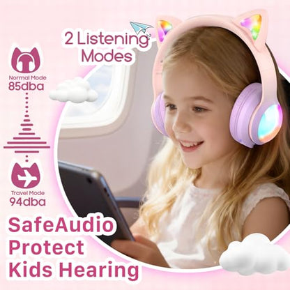 FosPower Kids Bluetooth 5.2 Headphones with LED Cat Ears (85/94dB Safe Volume Limit) Foldable Wireless or Wired Headset with 100hr Play Time and 3.5mm Cable for School/Travel - Light Pink/Light Purple - color: 05 - Light Pink/Light Purple (Bluetooth)