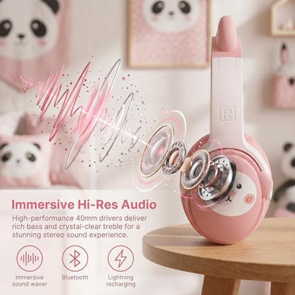 [65H Playtime] Cute Animal Ear Kids Bluetooth Headphones for Girls Women, Wireless Headphones with Microphone, Foldable Over-Ear Headset for School Travel, Pink - color: Pink