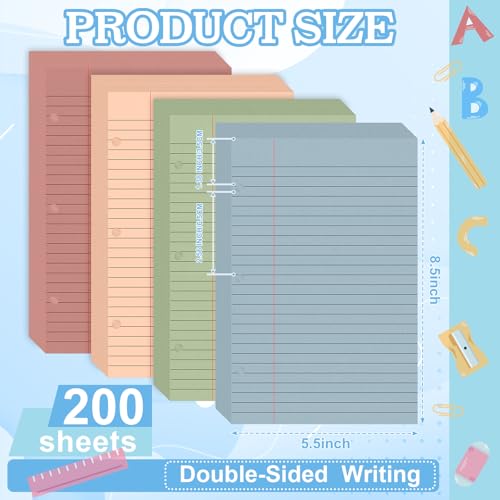 200 Sheets Half Letter Lined Paper 5.5 X 8.5 In Colored Notebook Paper College Ruled Loose Leaf Paper 3 Hole Punched Half Mini Binder Inserts Fit 3 Ring Binder for School Office