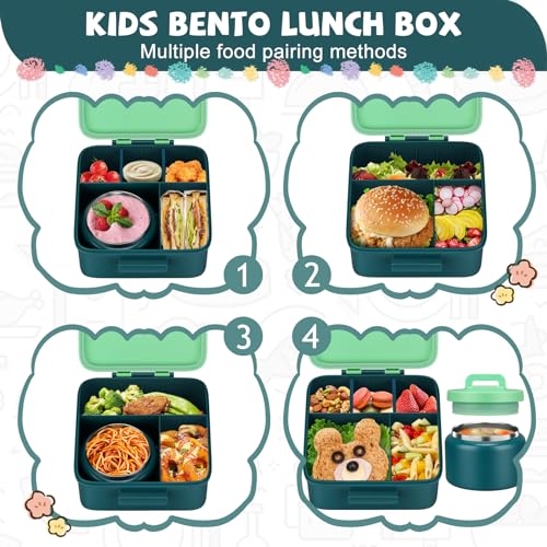 MAISON HUIS Bento Lunch Box with 8oz Soup Thermo, 5-Compartment Leak-Proof Container, Thermo Hot Food Jar and Insulated Lunch Bag, BPA Free,Travel, School (Green) - color: Green