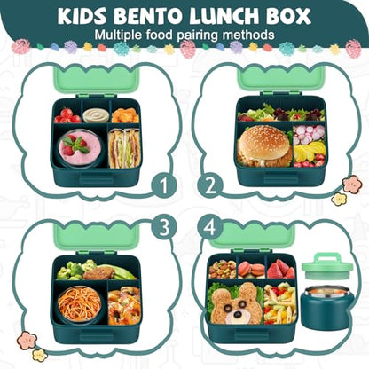 MAISON HUIS Bento Lunch Box with 8oz Soup Thermo, 5-Compartment Leak-Proof Container, Thermo Hot Food Jar and Insulated Lunch Bag, BPA Free,Travel, School (Green) - color: Green