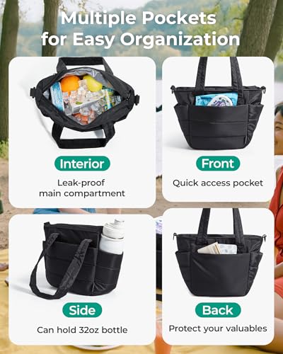 BAGSMART Lunch Bag Women Small Insulated Tote with Lunch Compartment Quilted Lightweight Puffy Tote Bag for Work, Travel, Outdoor, Black - color: 01-Black