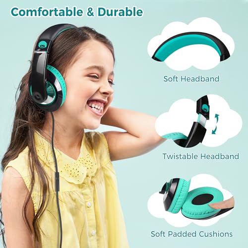 rockpapa Comfort+ Kids Headphones with Microphone, Boys Girls Student Over-Ear Headphones Wired Foldable for School Classroom Laptop PC Computer Tablet Black/Blue+Black/Teal - color: Blue/Black/Teal/Black