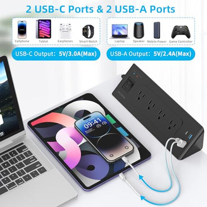 PAEWOK Desk Clamp Power Strip with 4 Outlets 4 USB Ports (2 USB C), Black | 6.5ft Flat Plug Extension Cord, Fit 1.9 inch Tabletop Edge, Desktop Mounted, Surge Protector, Desk Charging Station
