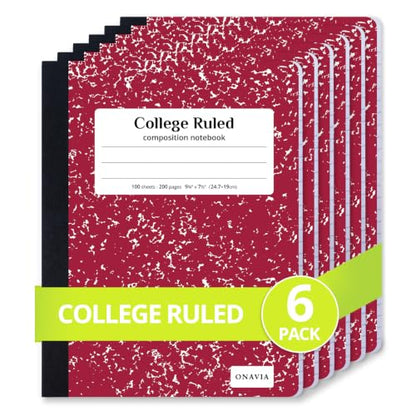 ONAVIA Composition Notebook College Ruled 6 Pack, 200 Pages, Marble Red | 100 ct, 9.75 x 7.5 in, Durable Comp Book, School Notebooks, Students, Note Taking, Writing, Teachers - color: Red, style: 6 Pack
