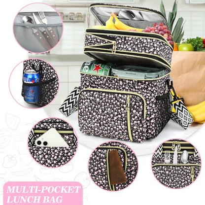 LOKASS Lunch Box for Women-16L-Insulated Lunch Bag Women, Expandable Double-layer Leakproof Cooler Bag with Upgrade Adjustable Shoulder Strap Ideal for Work/Travel/Picnics（Black Flower） - color: Black Flower