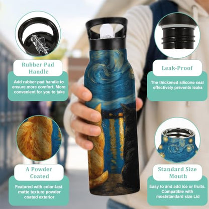Cat Night Insulated Water Bottle,Starry Night Stainless Steel Water Bottles 20 oz with Straw Lid,Leak Resistant Double Wall Insulated Flask with Handle for Travel Outdoor Gym - color: Cat Night,Starry Night