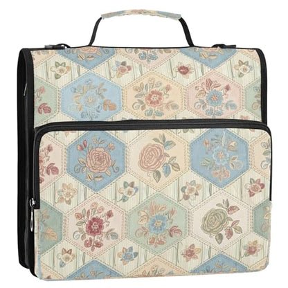 Hexagonal Floral Quilt 3 Ring Zipper Binder with Shoulder Strap, Waterproof Nylon Binder Bag, 2 Inch D-Rings 800 Sheet Capacity Opens Flat File Organizer for School Office Supplies