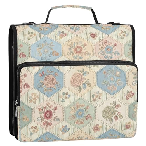 Hexagonal Floral Quilt 3 Ring Zipper Binder with Shoulder Strap, Waterproof Nylon Binder Bag, 2 Inch D-Rings 800 Sheet Capacity Opens Flat File Organizer for School Office Supplies